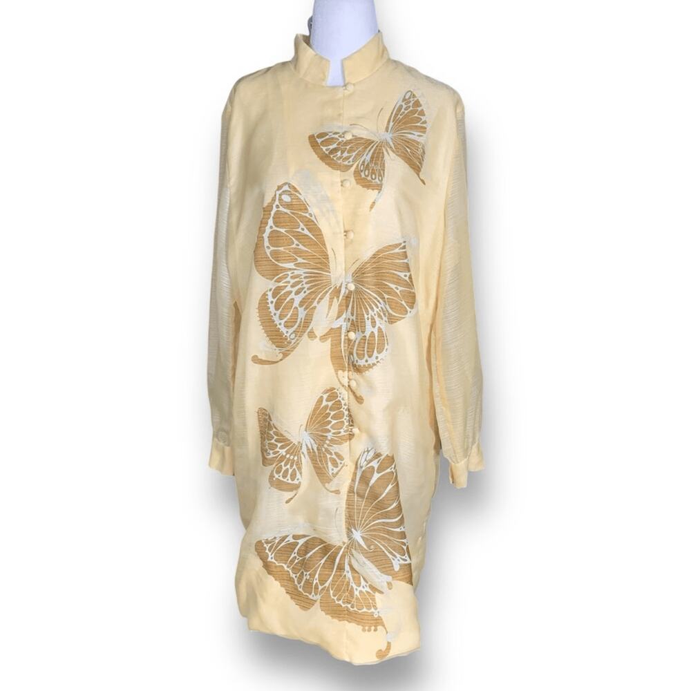 Vintage 70s Alfred Shaheen Butterfly Silk Tunic Dress Cream Gold‎ Medium Boho
